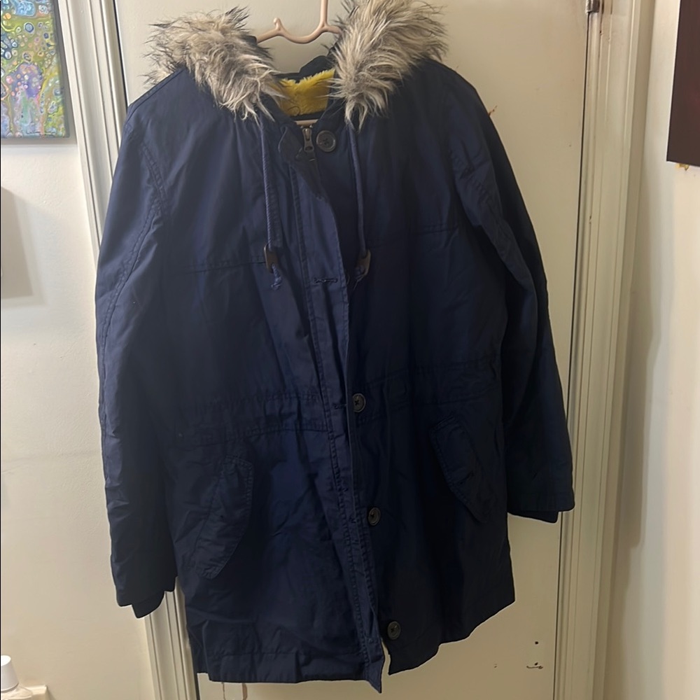 Boden Dark Blue Parka Coat with Faux Fur Trim